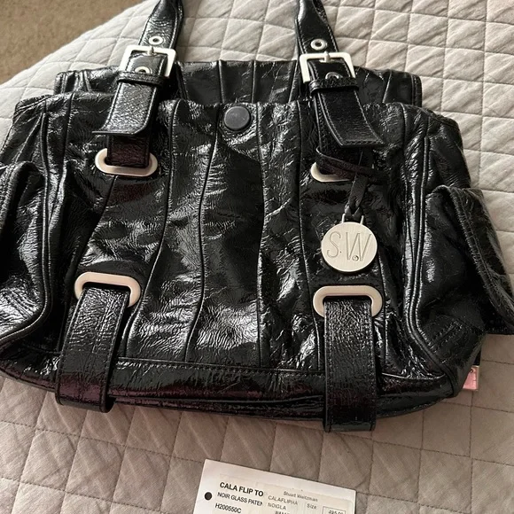 Stuart Weitzman Cala Flip Patent Leather Glossy Black Satchel - Picture 4 of 6